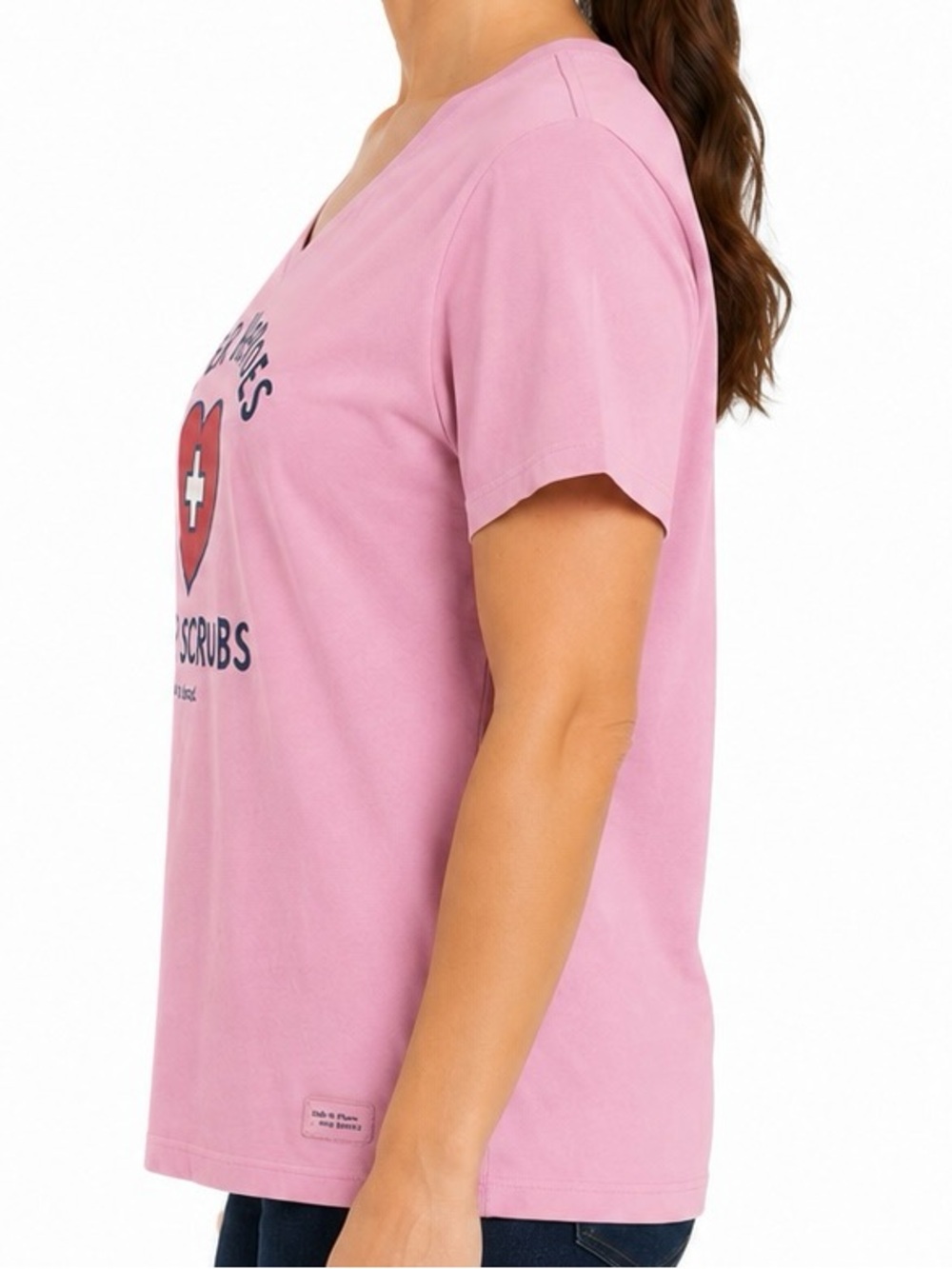 Life is Good Pink Super Heroes Wear Scrubs V-Neck T-Shirt Women’s Size X-Large - Picture 3 of 9